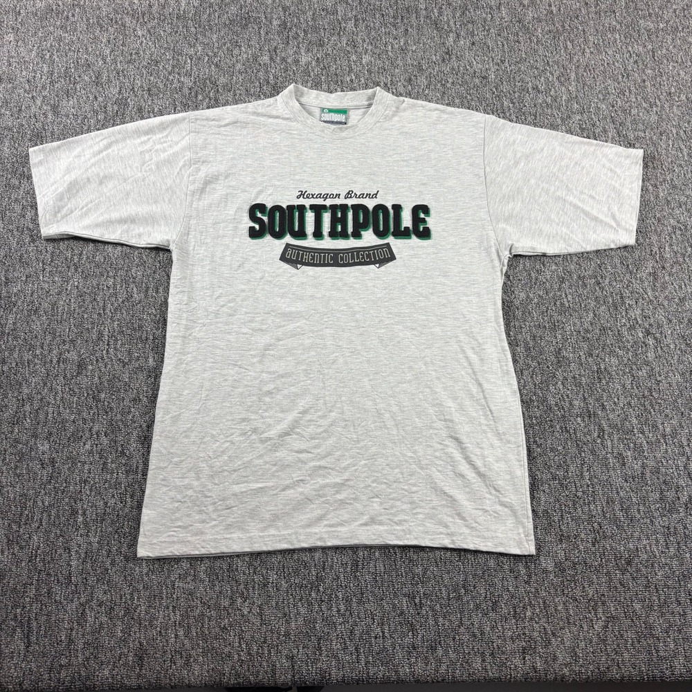 Vintage 90s Southpole Embroidered Single Stitch T-Shirt Grey Green Men Large